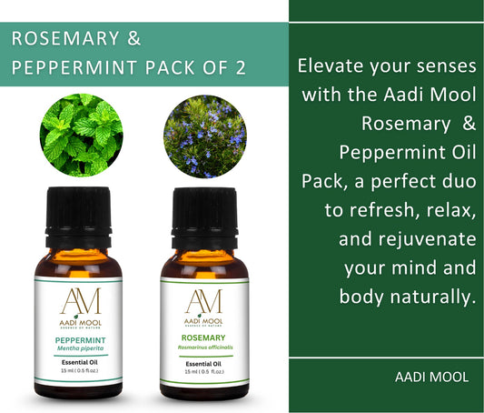 Aadi Mool Peppermint & Rosemary Essential Oil for Hair, Skin & Diffuser Pack of 2-15ML