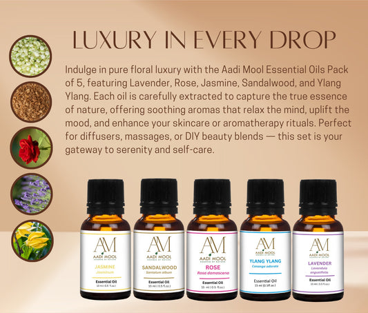 Jasmine, Sandalwood, Rose, Ylang Ylang & Lavender Essential Oils for Diffuser, Aromatherapy & DIY Blends Pack of 5-15ML