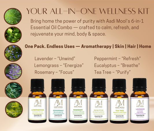 Essential Oils Pack of 6 – Lemongrass, Peppermint, Rosemary, Eucalyptus, Tea Tree & Lavender | Pure Aromatherapy Oils Set for Diffuser & Wellness - 15ML