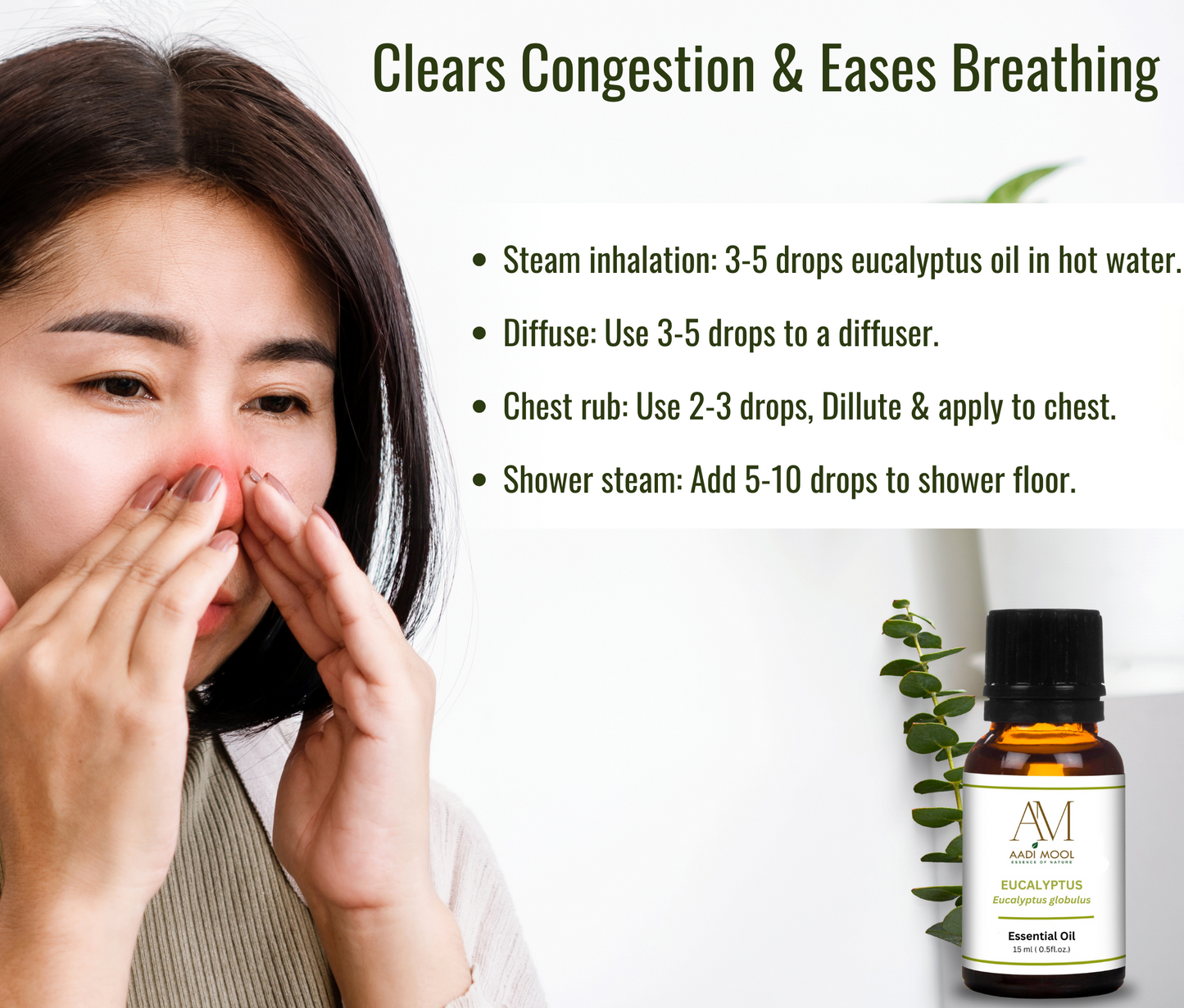 Eucalyptus Essential Oil for Cold Relief, Spa & Diffuser