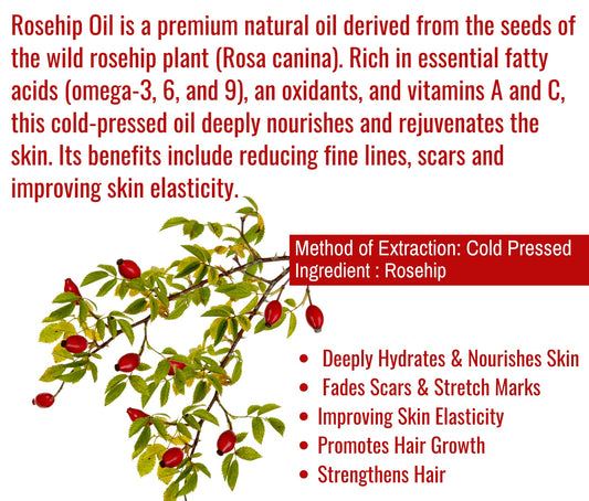 Cold Pressed Rosehip Oil for Glowing Skin, Reduces Fine Lines & Acne Scars