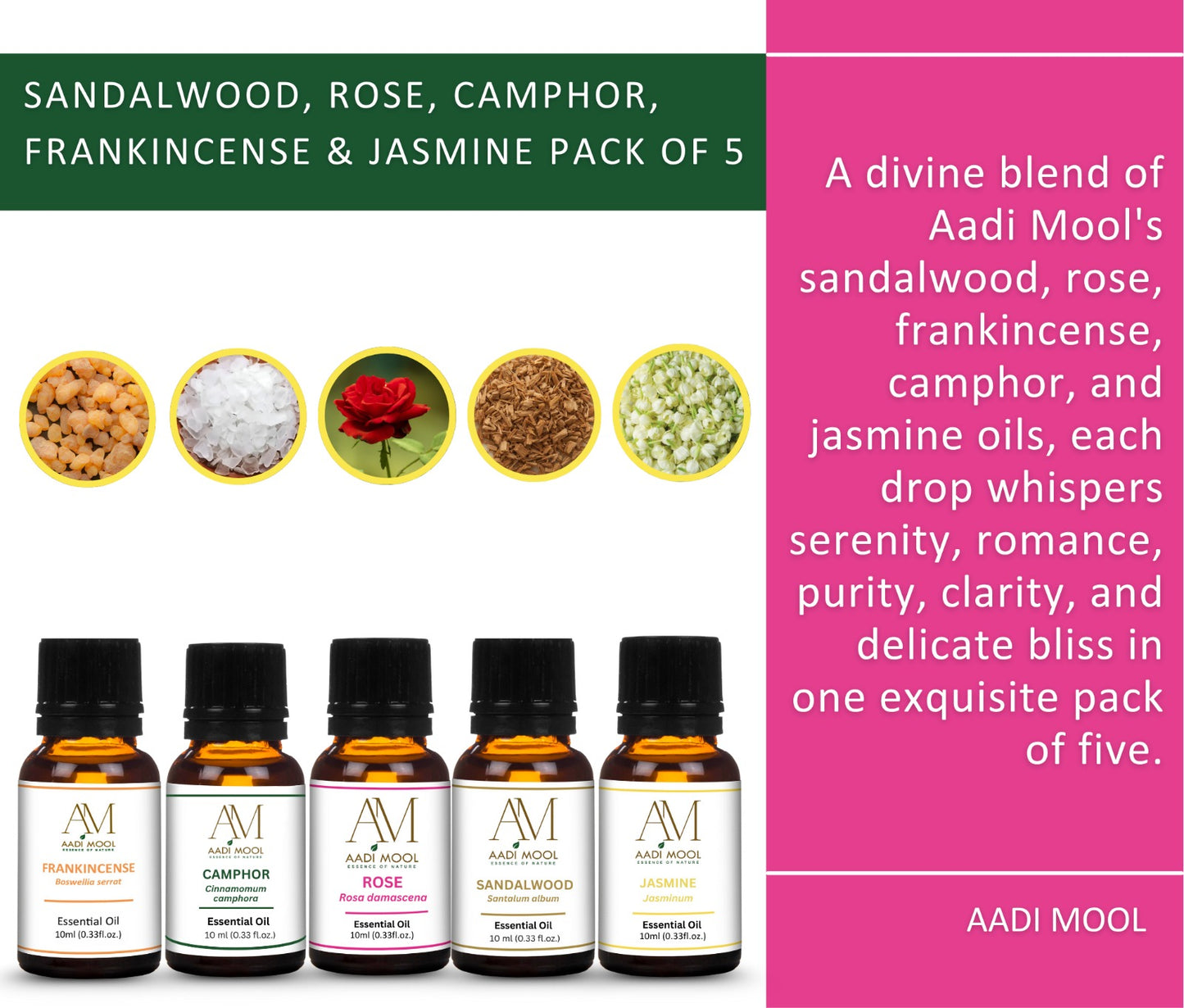 Sandalwood, Rose, Jasmine, Frankincense and Camphor Essential Oil Pack Of 5