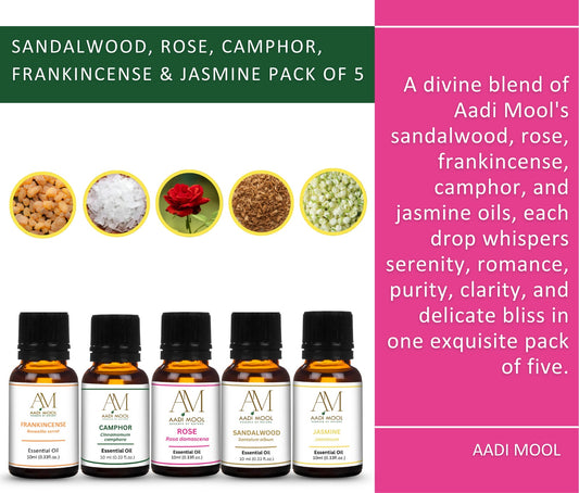 Sandalwood, Rose, Jasmine, Frankincense and Camphor Essential Oil Pack Of 5