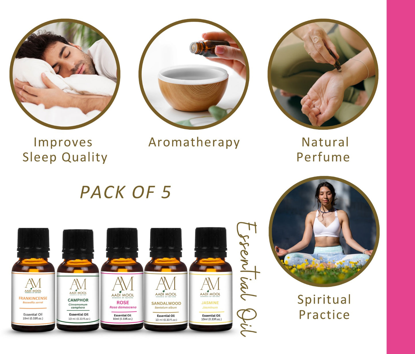 Sandalwood, Rose, Jasmine, Frankincense and Camphor Essential Oil Pack Of 5