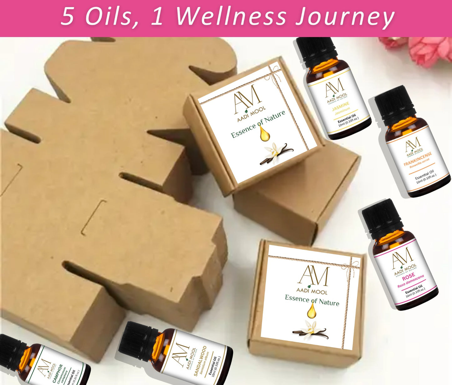 Sandalwood, Rose, Jasmine, Frankincense and Camphor Essential Oil Pack Of 5