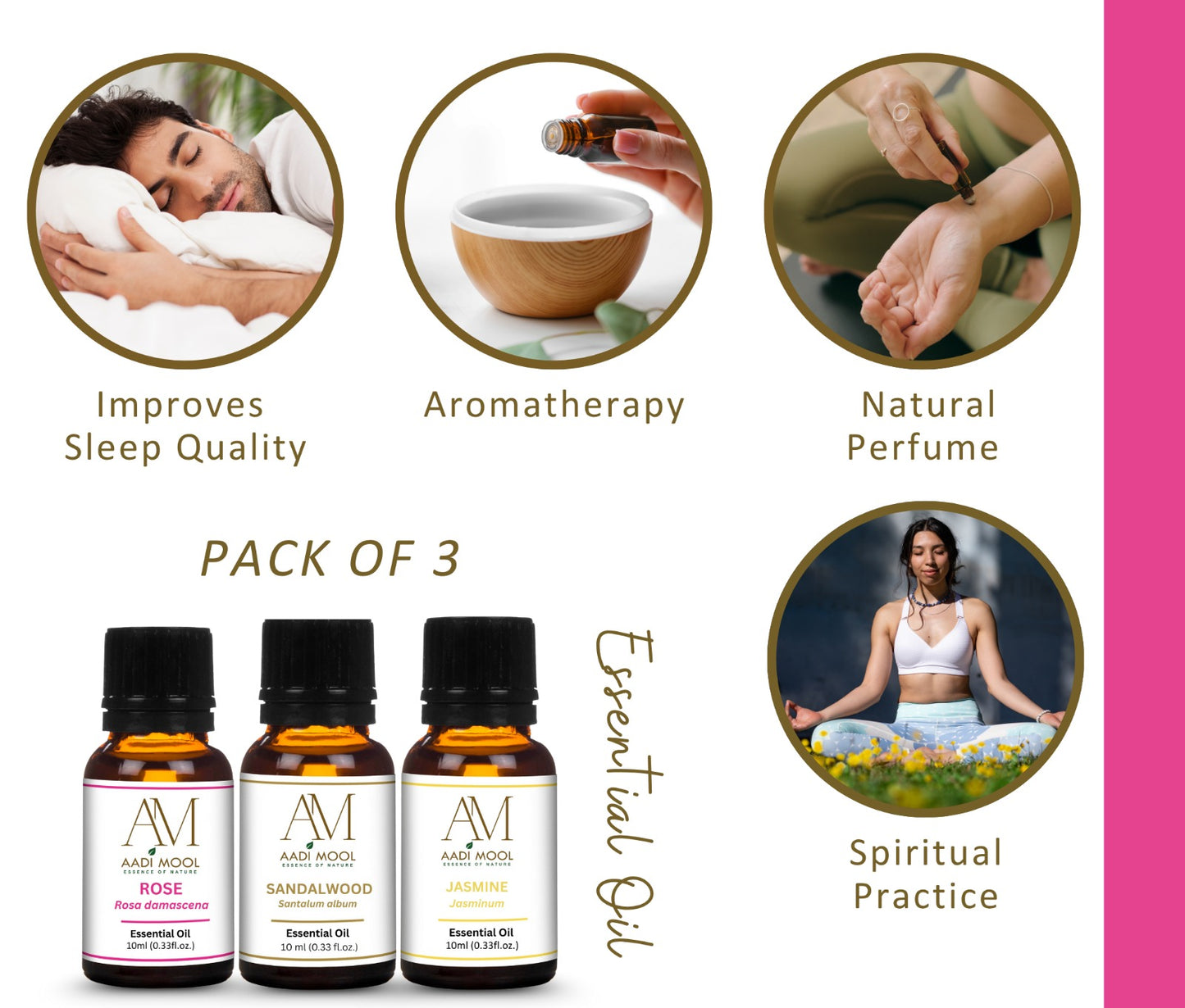 sandalwood, jasmine, and rose Essential Oil Pack Of 3-10ML