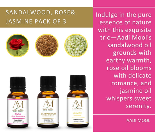 sandalwood, jasmine, and rose Essential Oil Pack Of 3-10ML