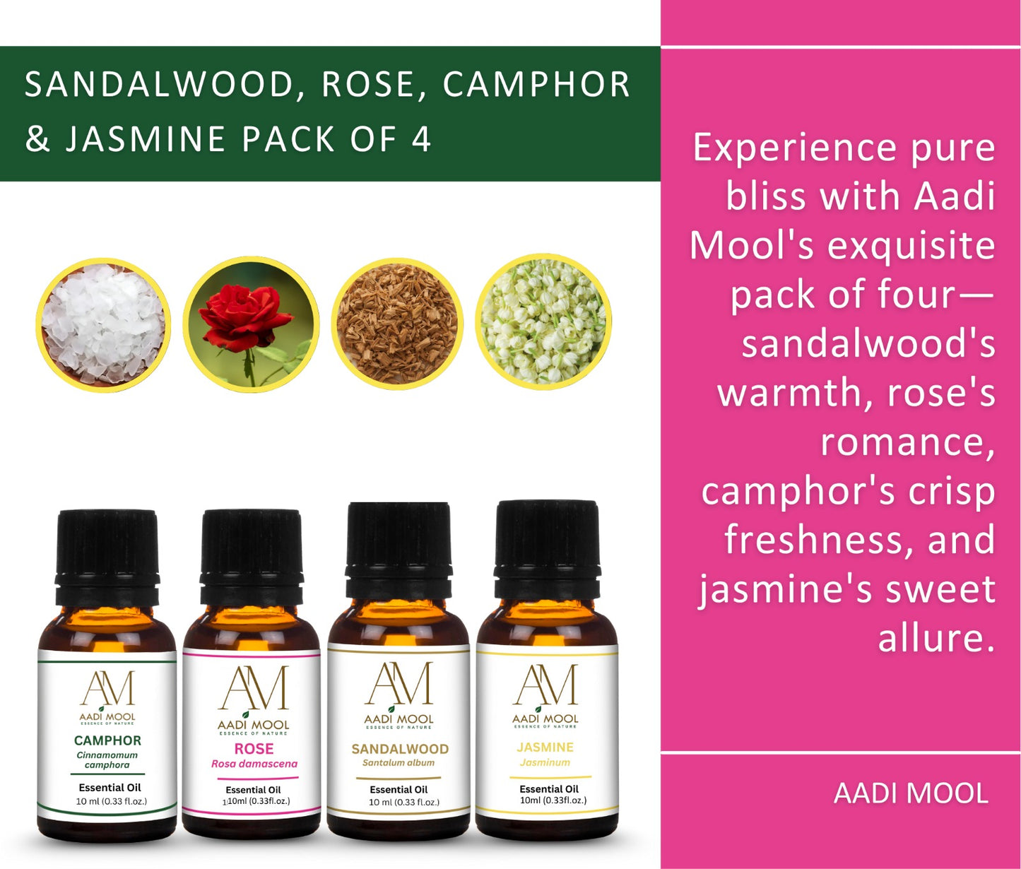 Sandalwood, Jasmine, Rose and Camphor Essential Oil Pack Of 4-10ML